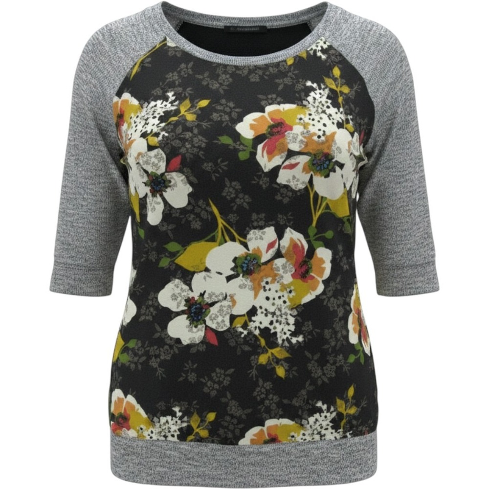 KUT from the Kloth Floral Top Womens Small Black Grey Mixed Media Raglan